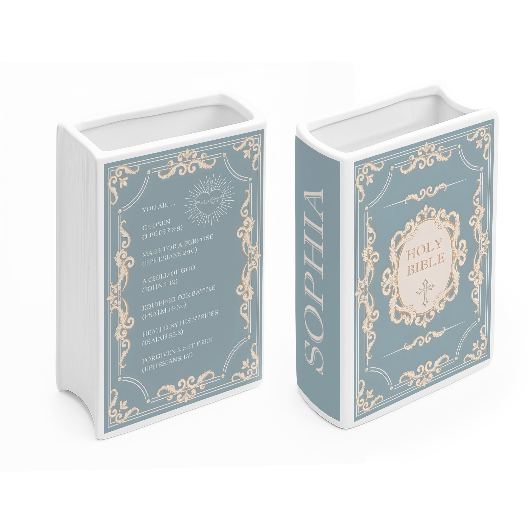 Personalized Holy Bible Book Vase for Women, Pastel Floral Ceramic Christian Home Decor with Name, Faith Inspired Shelf Decor CBLAF07